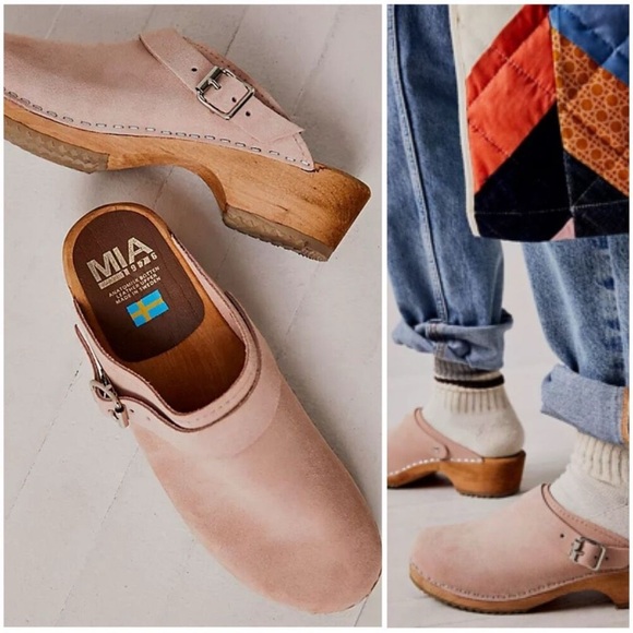 MIA Shoes - MIA Blush Pink Leather Clog Mules with Wood Heel